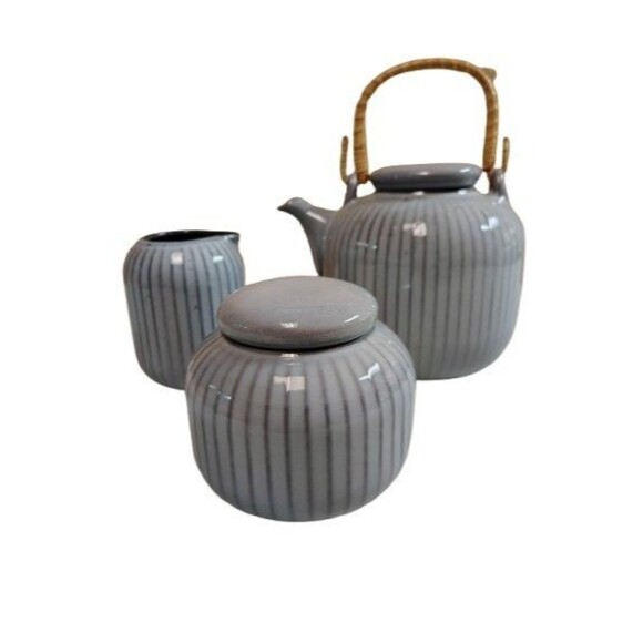 Artisanal Kitchen Supply Other - Artisanal Kitchen Supply Soto Gray Ribbed Tea Set - Teapot, Lidded Jar, Creamer